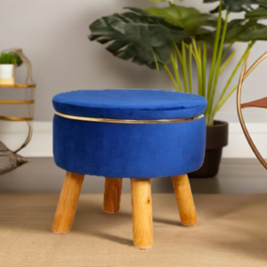 New Wood Handicraft Velvet Ottoman Footstool - Blue - Image 4